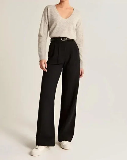 Women’s Wide-Leg Trousers – High Waist – Wool Blend – Pleated Front – Full Length