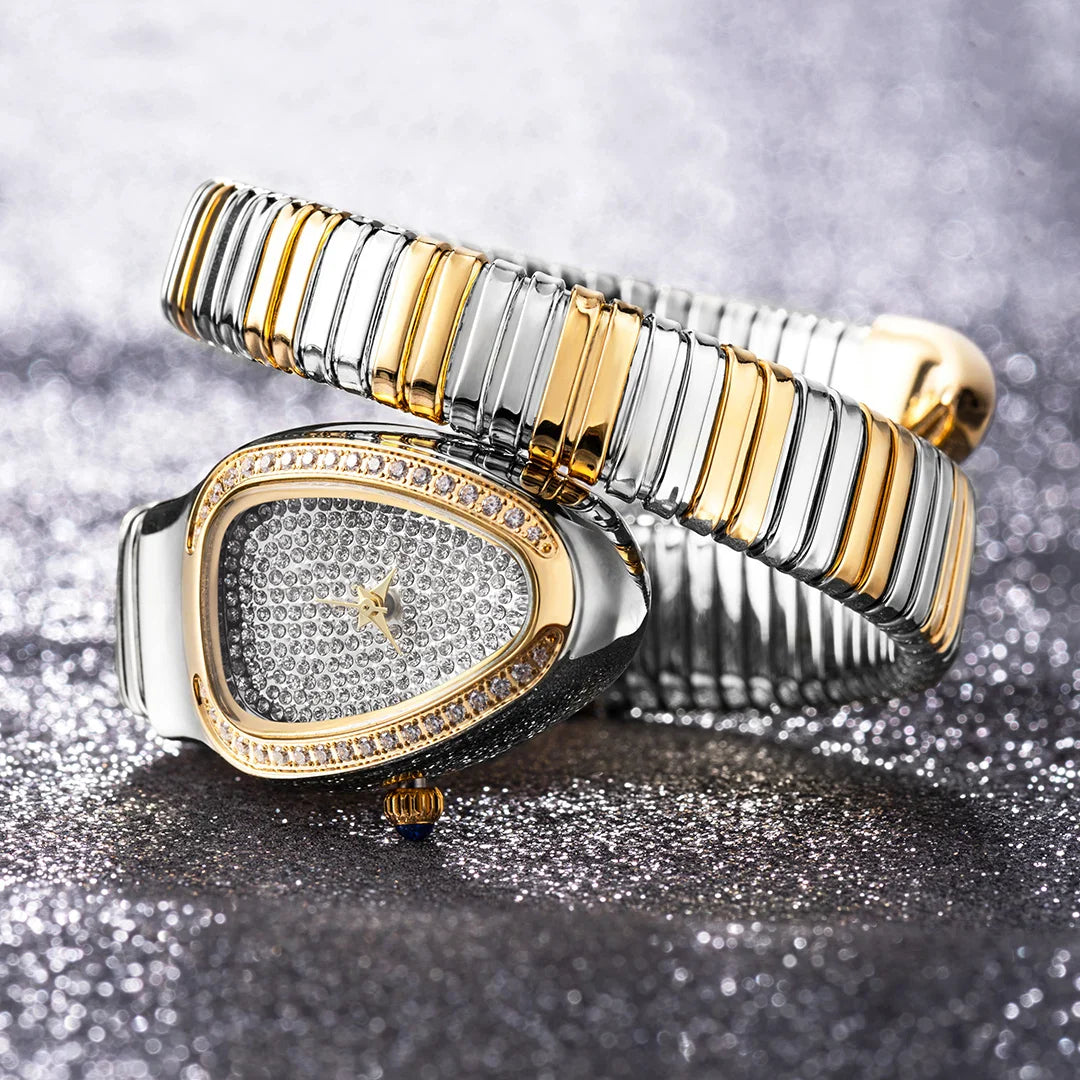 Lily Oval Pave Bracelet Wrist Watch | Stone Embellished Bezel Snake Coil Band Wrist Watch
