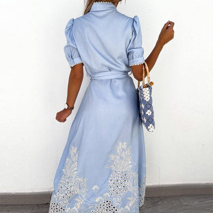Women's Midi Shirt Dress - Button-Down Collar - Puff Sleeve with Tie Belt - Embroidered Lace