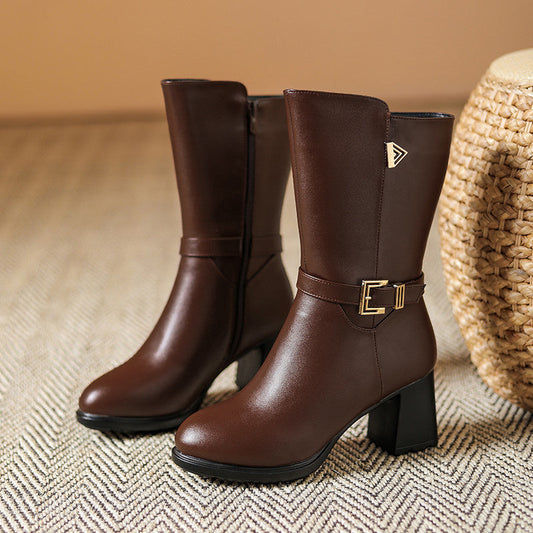 Isla Buckle Mid-Calf Boots | Side Zipper Block Heel Boots