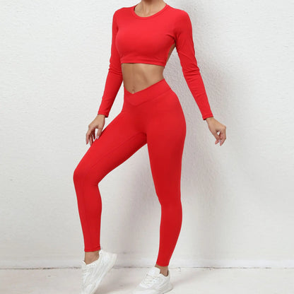 Women’s Workout Set – Stretch Fit – Long Sleeve Crop Top – High Waist Leggings