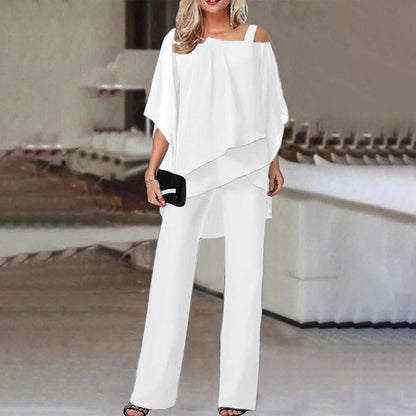 Women’s Two-Piece Set - Chiffon - Cold Shoulder - Tiered Layering