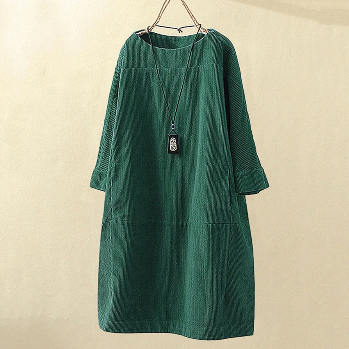 Women's Corduroy Dress - Relaxed Fit - Long Sleeve - Soft Textured Casual Wear