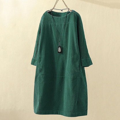 Women's Corduroy Dress - Relaxed Fit - Long Sleeve - Soft Textured Casual Wear