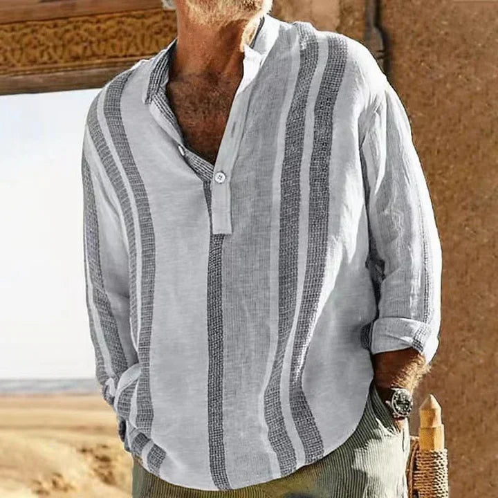 Men’s Casual Shirt – Relaxed Fit – Grandad Collar – Breathable Blend – Striped Design