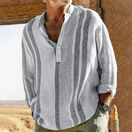 Men’s Casual Shirt – Relaxed Fit – Grandad Collar – Breathable Blend – Striped Design