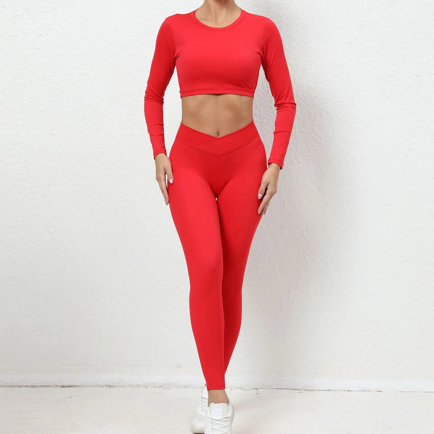 Women’s Workout Set – Stretch Fit – Long Sleeve Crop Top – High Waist Leggings