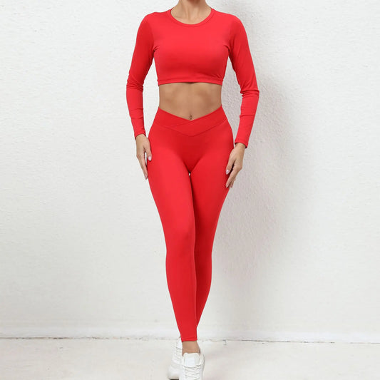 Women’s Workout Set – Stretch Fit – Long Sleeve Crop Top – High Waist Leggings