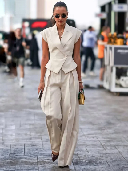 Women’s Suit Set – Tailored V-Neck Top – High Waist – Wide Leg Pleated Pants – Silk Blend