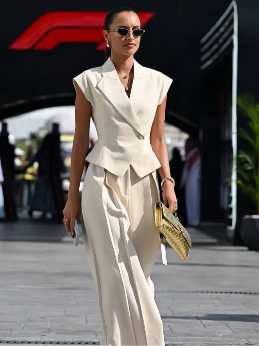 Women’s Suit Set – Tailored V-Neck Top – High Waist – Wide Leg Pleated Pants – Silk Blend