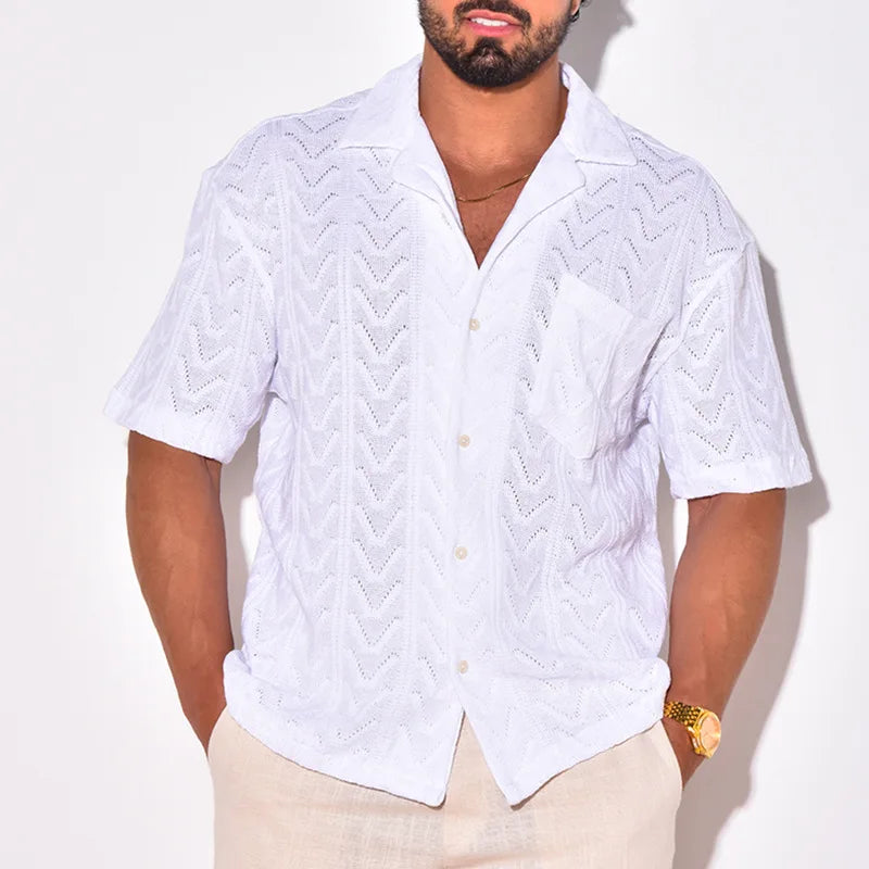 Men’s Knit Shirt – Soft Jacquard Texture – Relaxed Fit – Short Sleeve Casual Collar