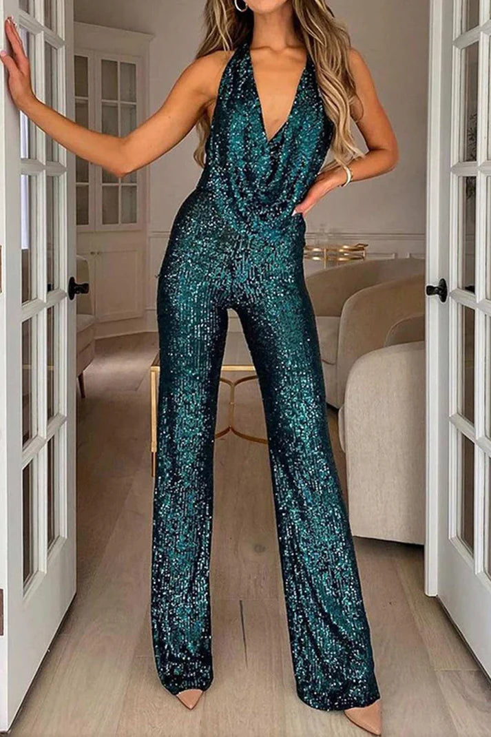 Women’s Jumpsuit – Sequin Embellished – Fitted Bodice – Cowl Neck Halter – Full Length