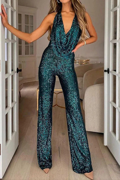 Women’s Jumpsuit – Sequin Embellished – Fitted Bodice – Cowl Neck Halter – Full Length