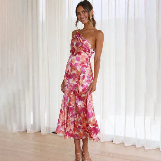Women’s Midi Dress – Slim Fit – Satin Draped One-Shoulder – Formal Occasion Wear