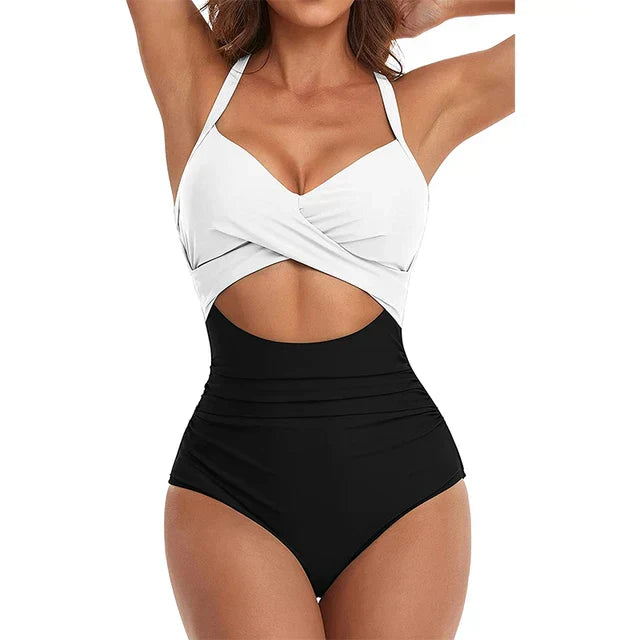 Women’s One-Piece Swimsuit – Cross-Front – Cut-Out Waist – High-Waisted – Breathable Blend