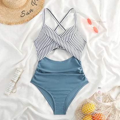 Women’s One-Piece Swimsuit – Cross-Front – Cut-Out Waist – High-Waisted – Breathable Blend