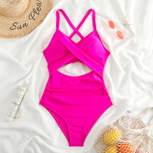 Women’s One-Piece Swimsuit – Cross-Front – Cut-Out Waist – High-Waisted – Breathable Blend