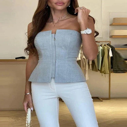 Women’s Strapless Top – Fitted Bodice – Front Zip – Peplum Hem – Sleek Finish