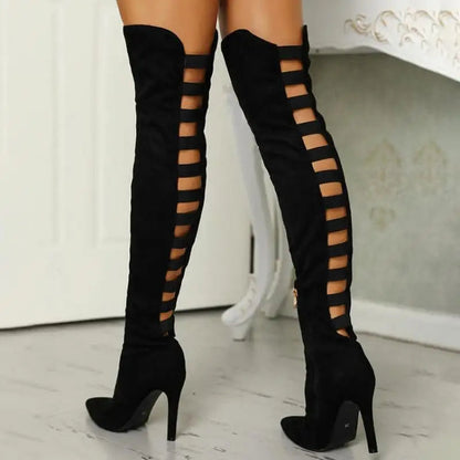 Women’s Over-the-Knee Boots – Stretch Fit – Stiletto Heel – Pointed Toe – Cut-Out Design