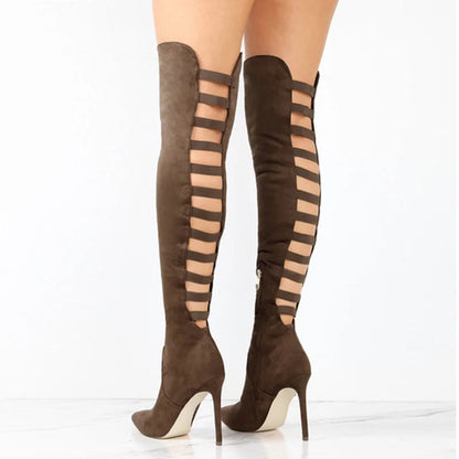 Women’s Over-the-Knee Boots – Stretch Fit – Stiletto Heel – Pointed Toe – Cut-Out Design
