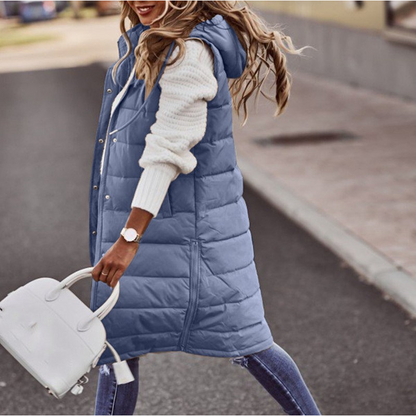 Women’s Long Bodywarmer – Quilted Padded – Oversized Fit – Hooded Sleeveless Layer