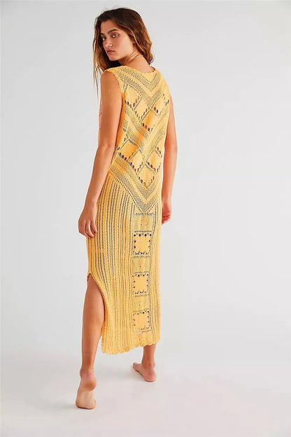 Women’s Midi Dress – Relaxed Fit – Mesh Knit – V-Neck – Side Slits – Breathable Fabric