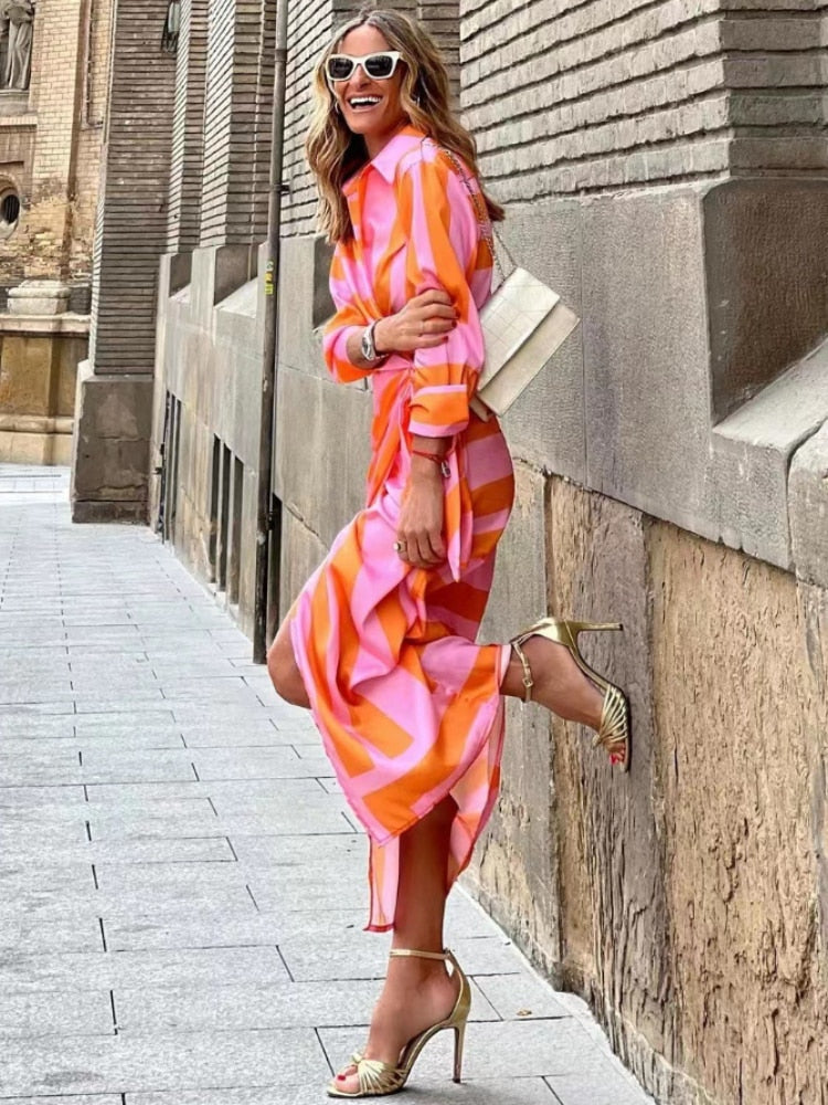 Women’s Dress - Lightweight Woven Fabric - Shirt Collar - Wrap Front - Midi Length