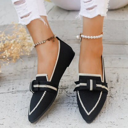 Women’s Slip-On - Pointed Toe Loafers - Knitted Fabric - Flat Sole - Decorative Bow