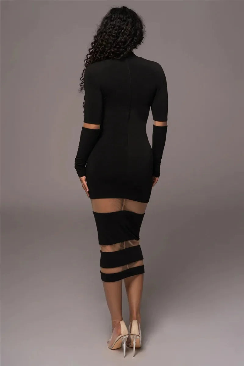 Women’s Midi Dress – Bodycon Fit – Long Sleeve – High Neck – Sheer Cut-Out Detail