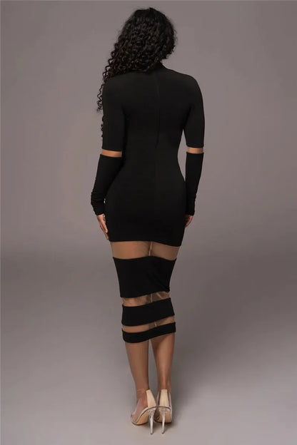 Women’s Midi Dress – Bodycon Fit – Long Sleeve – High Neck – Sheer Cut-Out Detail