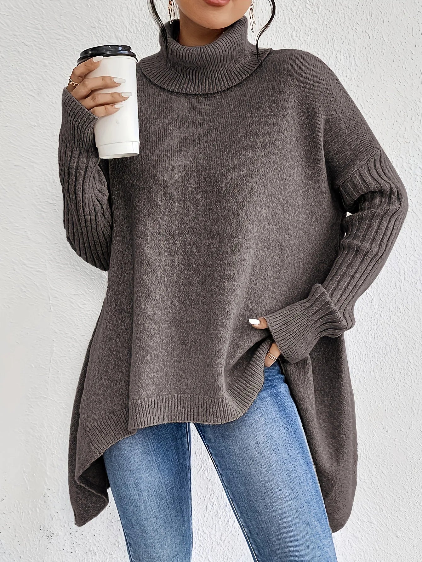 Isla Oversized Turtleneck Sweater | Tunic Length Solid Wool Sweater