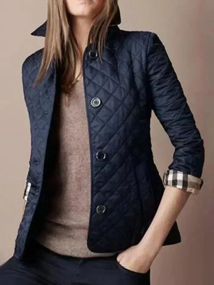 Women’s Quilted Jacket – Diamond Pattern – High Collar – Button Closure – Tailored Fit