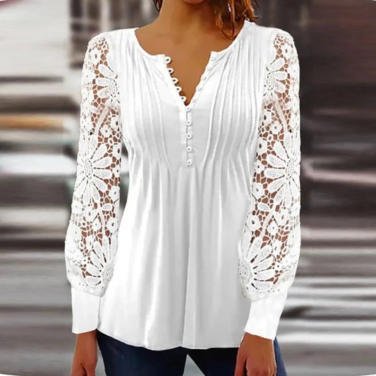 Women’s Blouse – Relaxed Fit – Lace Sleeves – Scalloped V-Neck – Knit Body