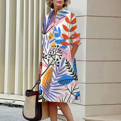 Women's Knee-Length Dress - A-Line Fit - Long Sleeve - Round Neck - Breathable Casual Wear