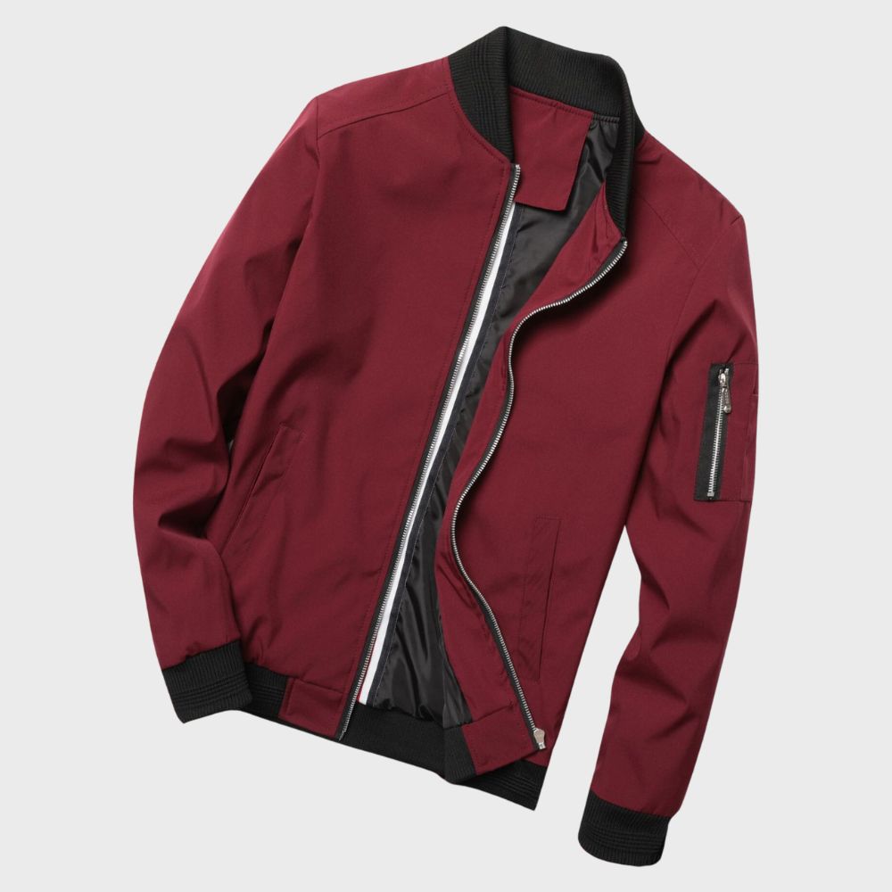 Men’s Bomber Jacket – Slim Fit – Lightweight Breathable Fabric – Ribbed Trim – Zip Sleeve Pocket