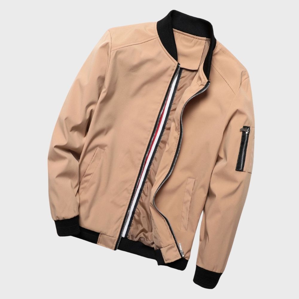 Men’s Bomber Jacket – Slim Fit – Lightweight Breathable Fabric – Ribbed Trim – Zip Sleeve Pocket