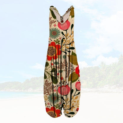 Women’s Jumpsuit – Relaxed Fit – Sleeveless Boho Print – Full Length Breathable Blend
