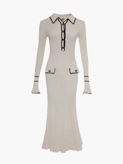 Women's Ribbed Knit Dress - Long Sleeve - Button Front - Contrast Trim - Elegant Fit