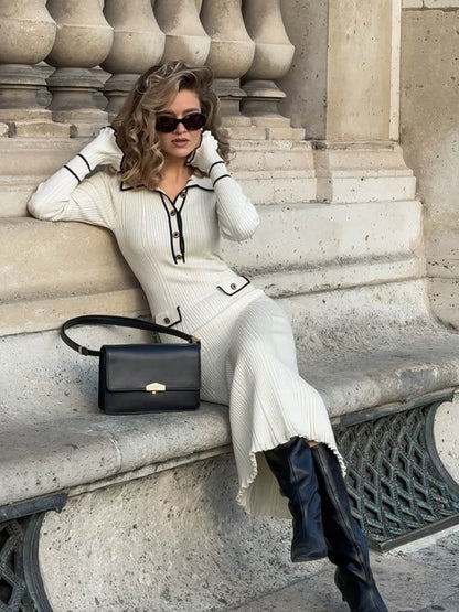 Women's Ribbed Knit Dress - Long Sleeve - Button Front - Contrast Trim - Elegant Fit
