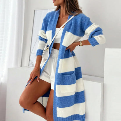 Isabella Relaxed Cardigan | Striped V-Neck Patch Pocket Cardigan