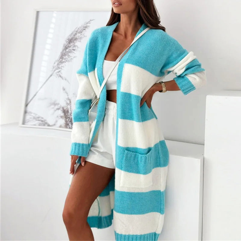 Isabella Relaxed Cardigan | Striped V-Neck Patch Pocket Cardigan