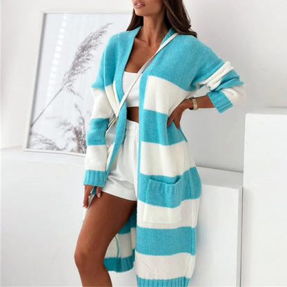 Isabella Relaxed Cardigan | Striped V-Neck Patch Pocket Cardigan