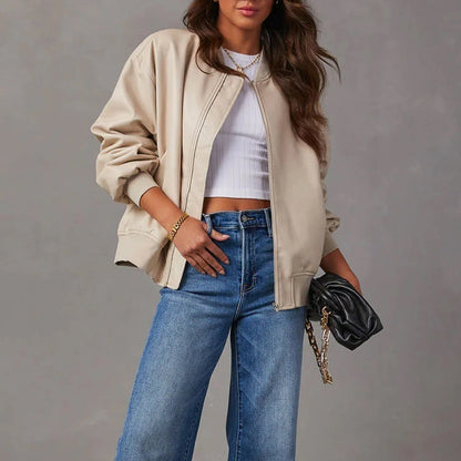 Women’s Jacket – Oversized Fit – Zipper Front – Ribbed Hem – Casual Wear