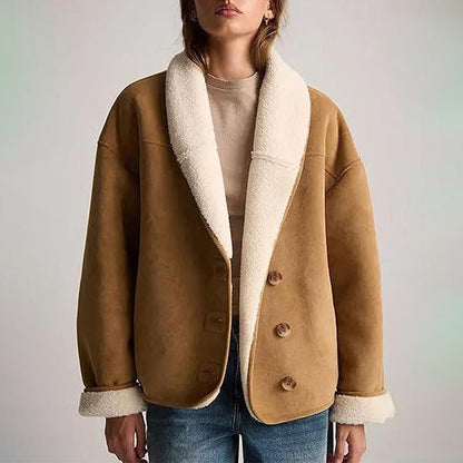 Sienna Relaxed Fit Shearling Jacket | Button Front Fur Trim Jacket