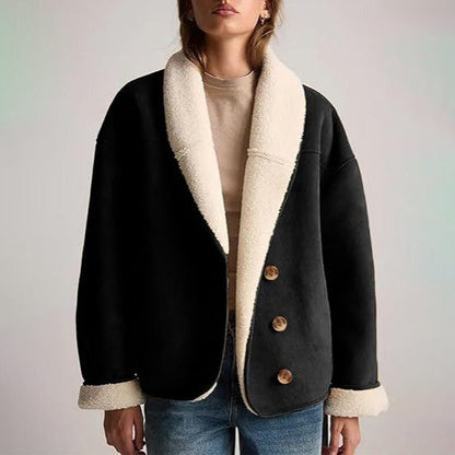 Sienna Relaxed Fit Shearling Jacket | Button Front Fur Trim Jacket
