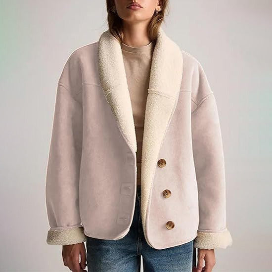 Sienna Relaxed Fit Shearling Jacket | Button Front Fur Trim Jacket