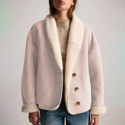 Sienna Relaxed Fit Shearling Jacket | Button Front Fur Trim Jacket