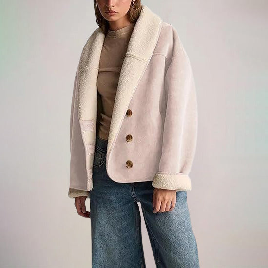 Sienna Relaxed Fit Shearling Jacket | Button Front Fur Trim Jacket