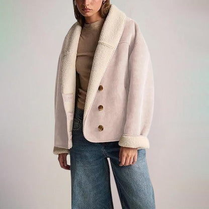 Sienna Relaxed Fit Shearling Jacket | Button Front Fur Trim Jacket