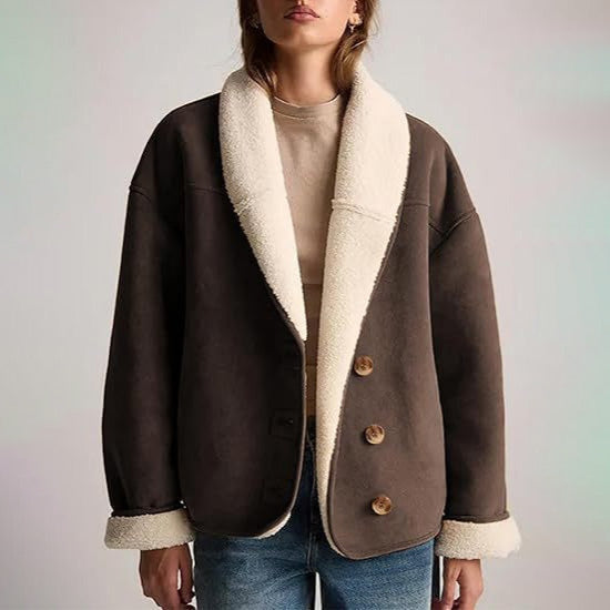 Sienna Relaxed Fit Shearling Jacket | Button Front Fur Trim Jacket